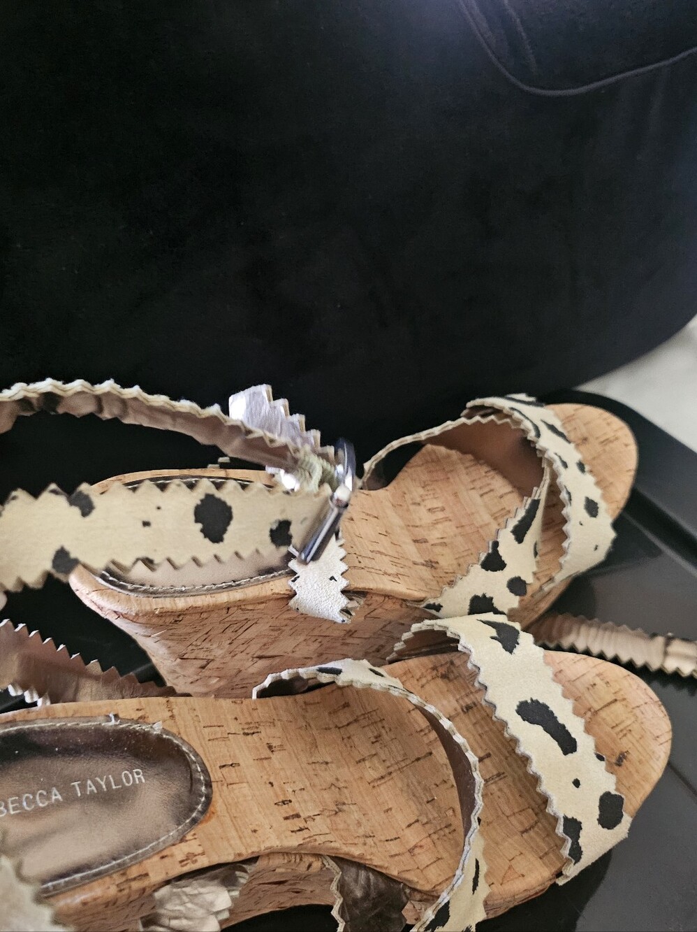 Rebecca Taylor Cork Wedge Sandals in Black & Cream